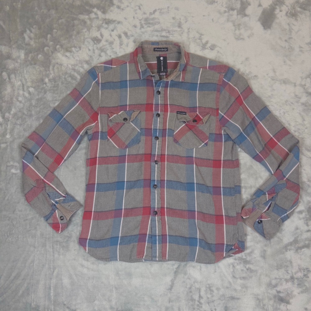 Billabong Flannel Shirt Mens Small Grey Red Blue Plaid Long Sleeve Button Up